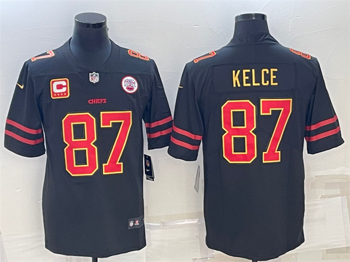 Men Kansas City Chiefs 87 Travis Kelce Black Red Gold 4 Star C Patch Vapor Untouchable Limited Stitc