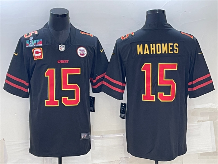 Men Kansas City Chiefs 15 Patrick Mahomes Black Red Gold Super Bowl LVII Patch And 4 Star C Patch Va