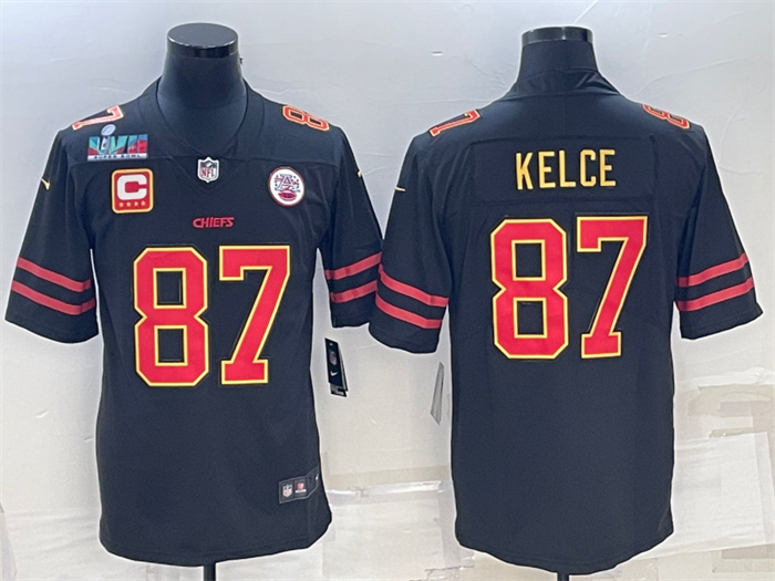 Men Kansas City Chiefs 87 Travis Kelce Black Red Gold Super Bowl LVII Patch And 4 Star C Patch Vapor