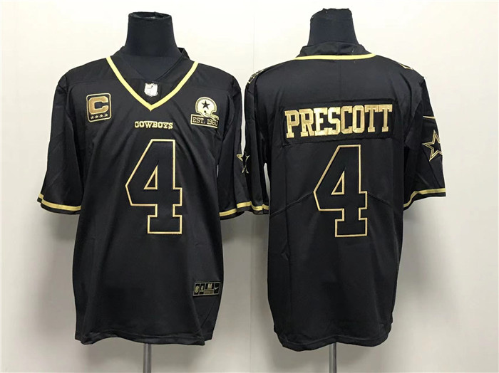 Men Dallas Cowboys 4 Dak Prescott Black Gold With 1960 PatchAnd 4 Star C Patch Stitched Jersey