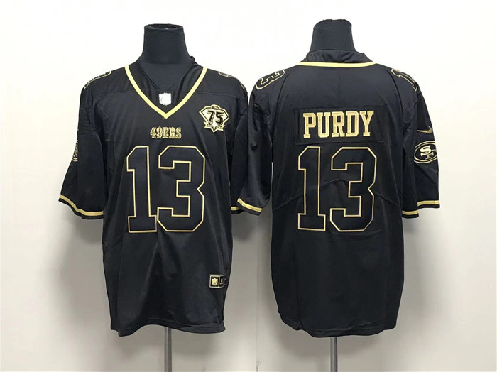 Men San Francisco 49ers 13 Brock Purdy Black Gold With 75th Anniversary Patch Stitched Jersey