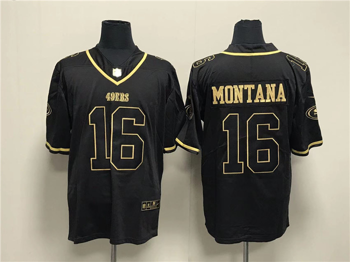 Men San Francisco 49ers 16 Joe Montana Black Gold Stitched Jersey