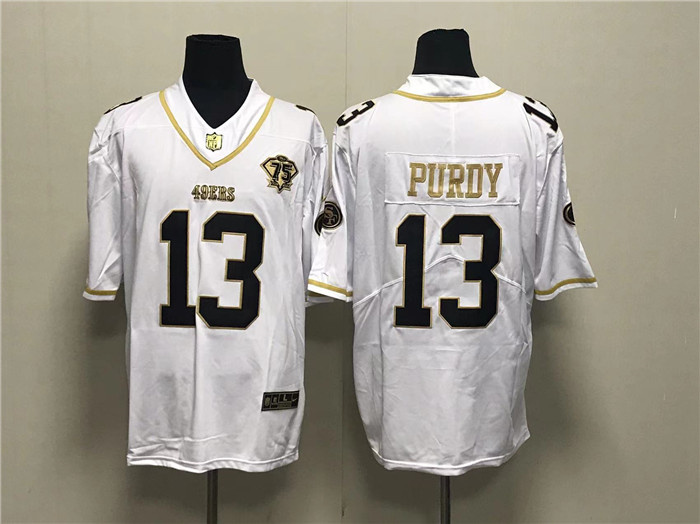 Men San Francisco 49ers 13 Brock Purdy White Gold With 75th Anniversary Patch Stitched Jersey