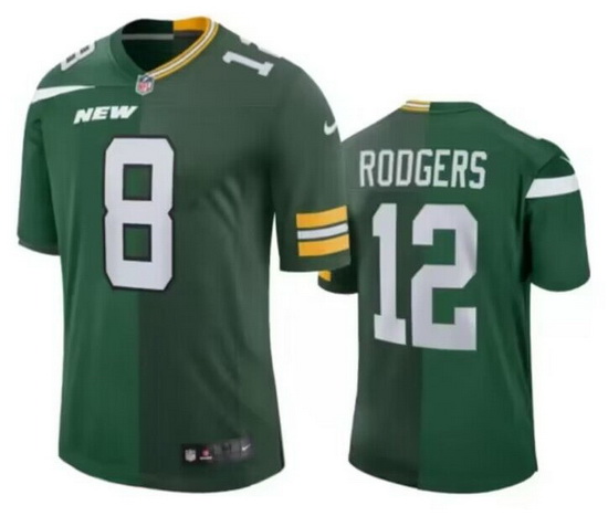 Men New York Jets Front 8 Back 12 Aaron Rodgers Split Green Jersey