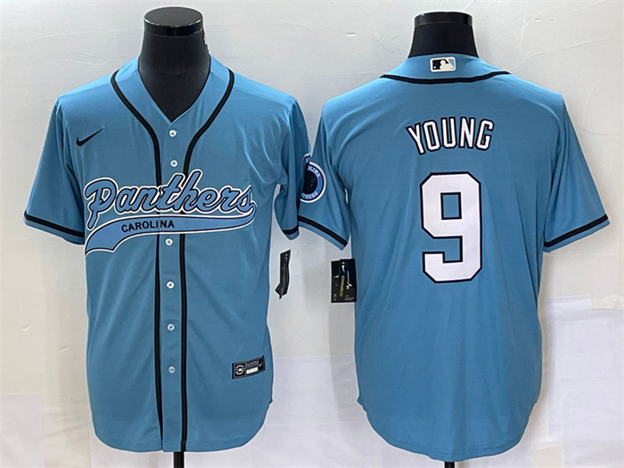 Men Carolina Panthers 9 Bryce Young Blue With Patch Cool Base Stitched Baseball Jersey