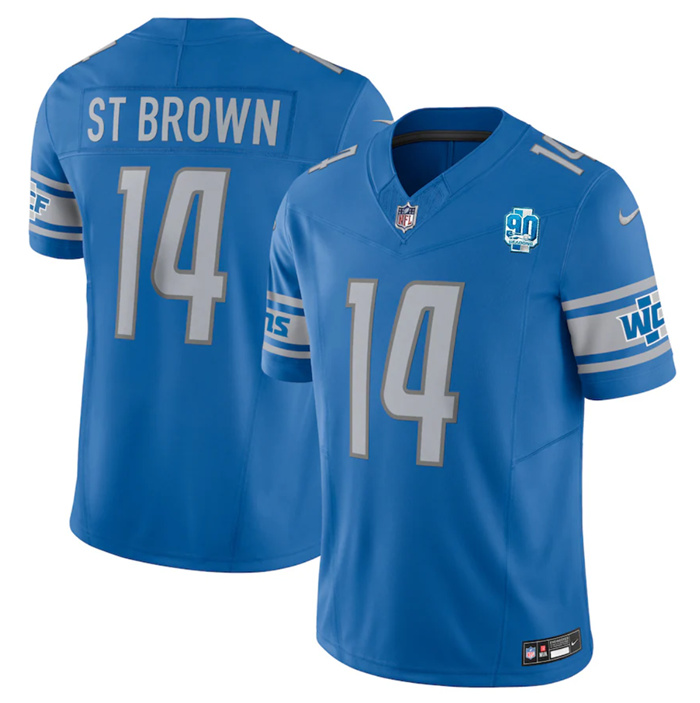 Men Detroit Lions 14 Amon Ra St  Brown Blue 2023 F U S E  90th Anniversary Vapor Untouchable Limited