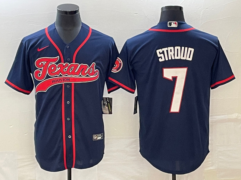 Men Houston Texans 7 C J  Stroud Navy With Patch Cool Base Stitched Baseball Jersey