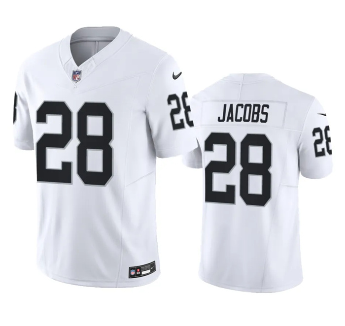 Men Las Vegas Raiders 28 Josh Jacobs White 2023 F U S E Vapor Untouchable Stitched Football Jersey