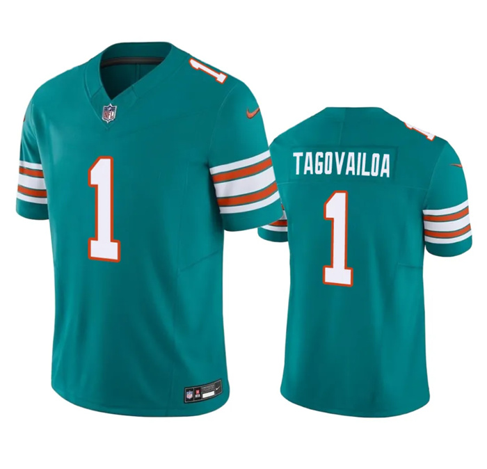 Men Miami Dolphins 1 Tua Tagovailoa Aqua 2023 F U S E Vapor Limited Stitched Football Jersey