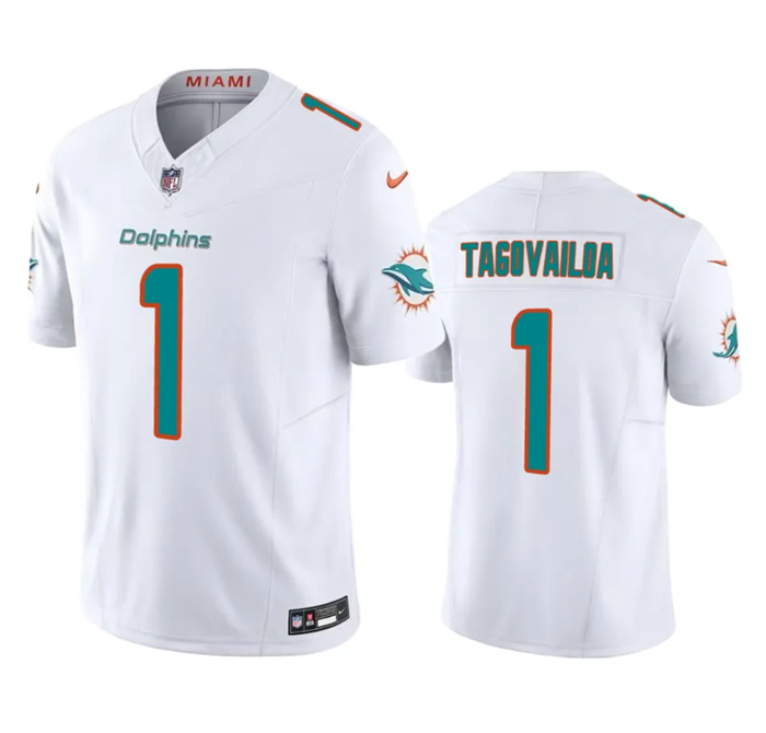 Men Miami Dolphins 1 Tua Tagovailoa White 2023 F U S E Vapor Limited Stitched Football Jersey