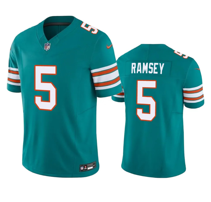 Men Miami Dolphins 5 Jalen Ramsey Aqua 2023 F U S E Vapor Limited Stitched Football Jersey