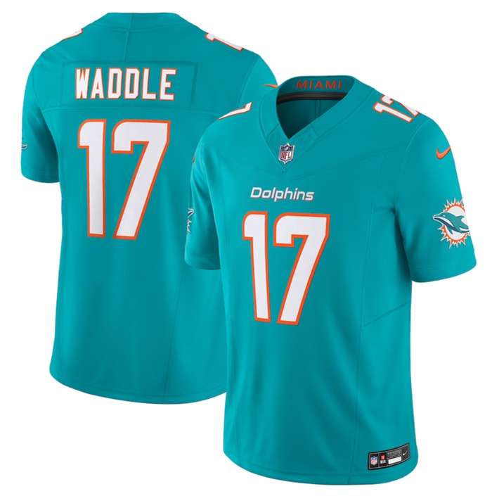 Men Miami Dolphins 17 Jaylen Waddle Aqua 2023 F U S E Vapor Limited Stitched Football Jersey