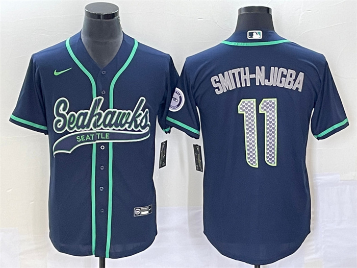 Men Seattle Seahawks 11 Jaxon Smith Njigba Navy With Patch Cool Base Stitched Baseball Jersey